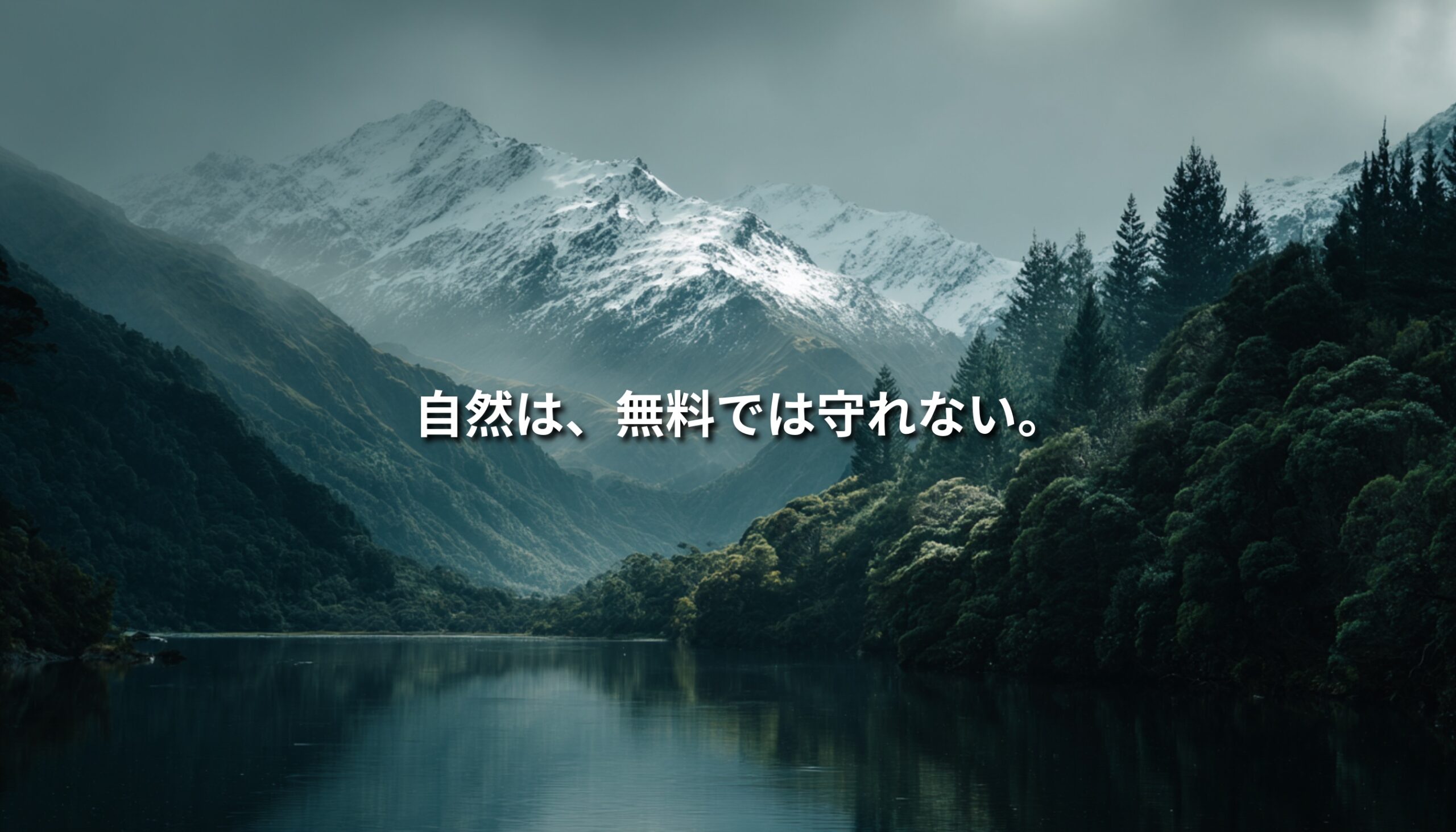 雪山と森に囲まれたニュージーランドの湖に、「自然は、無料では守れない。」というコピーを重ねたアイキャッチ画像。