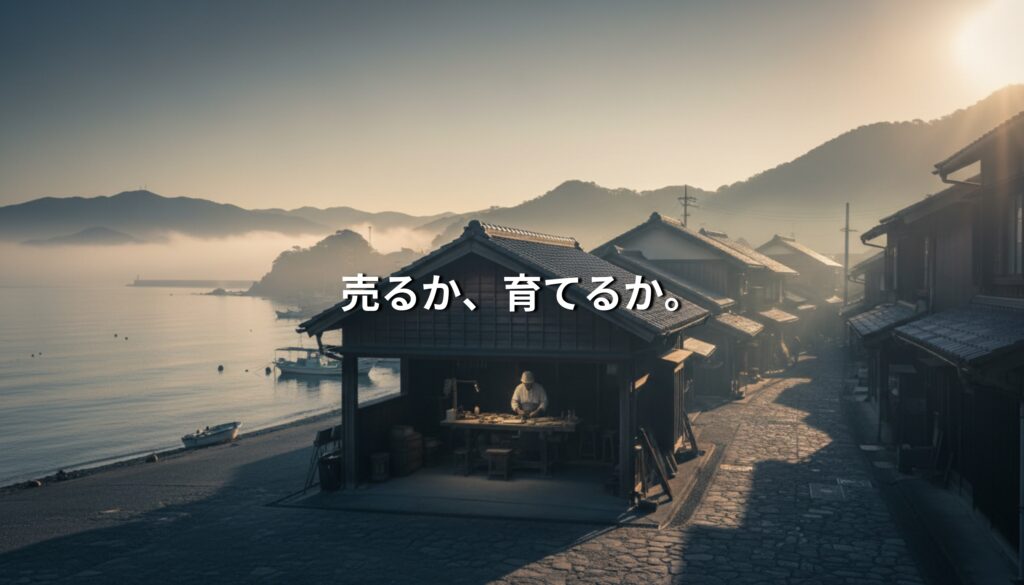 夜明けの海辺の町並みと職人の工房風景。「売るか、育てるか。」という問いを象徴する地域資源のイメージ。