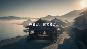 夜明けの海辺の町並みと職人の工房風景。「売るか、育てるか。」という問いを象徴する地域資源のイメージ。