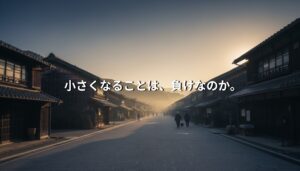 夜明けの静かな日本の町並みと歩く人々。「小さくなることは、負けなのか。」という縮小社会の問いを象徴するイメージ。