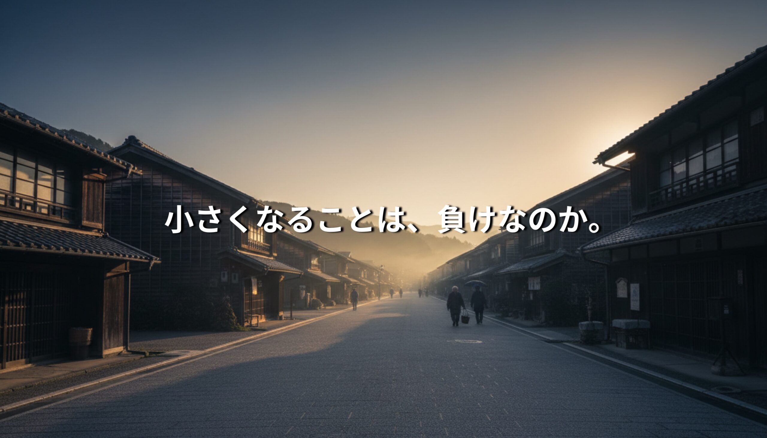 夜明けの静かな日本の町並みと歩く人々。「小さくなることは、負けなのか。」という縮小社会の問いを象徴するイメージ。