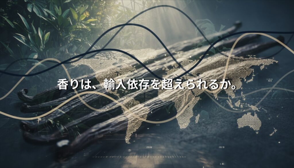 奄美大島のバニラビーンズと世界地図を重ねたビジュアル。輸入依存と市場構造を象徴するイメージ。