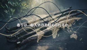 奄美大島のバニラビーンズと世界地図を重ねたビジュアル。輸入依存と市場構造を象徴するイメージ。