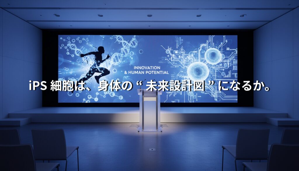iPS細胞とスポーツの融合を象徴するステージビジュアル。アスリートのシルエットと細胞イメージが映し出され「iPS細胞は、身体の未来設計図になるか。」というコピーが表示されている。