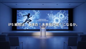 iPS細胞とスポーツの融合を象徴するステージビジュアル。アスリートのシルエットと細胞イメージが映し出され「iPS細胞は、身体の未来設計図になるか。」というコピーが表示されている。