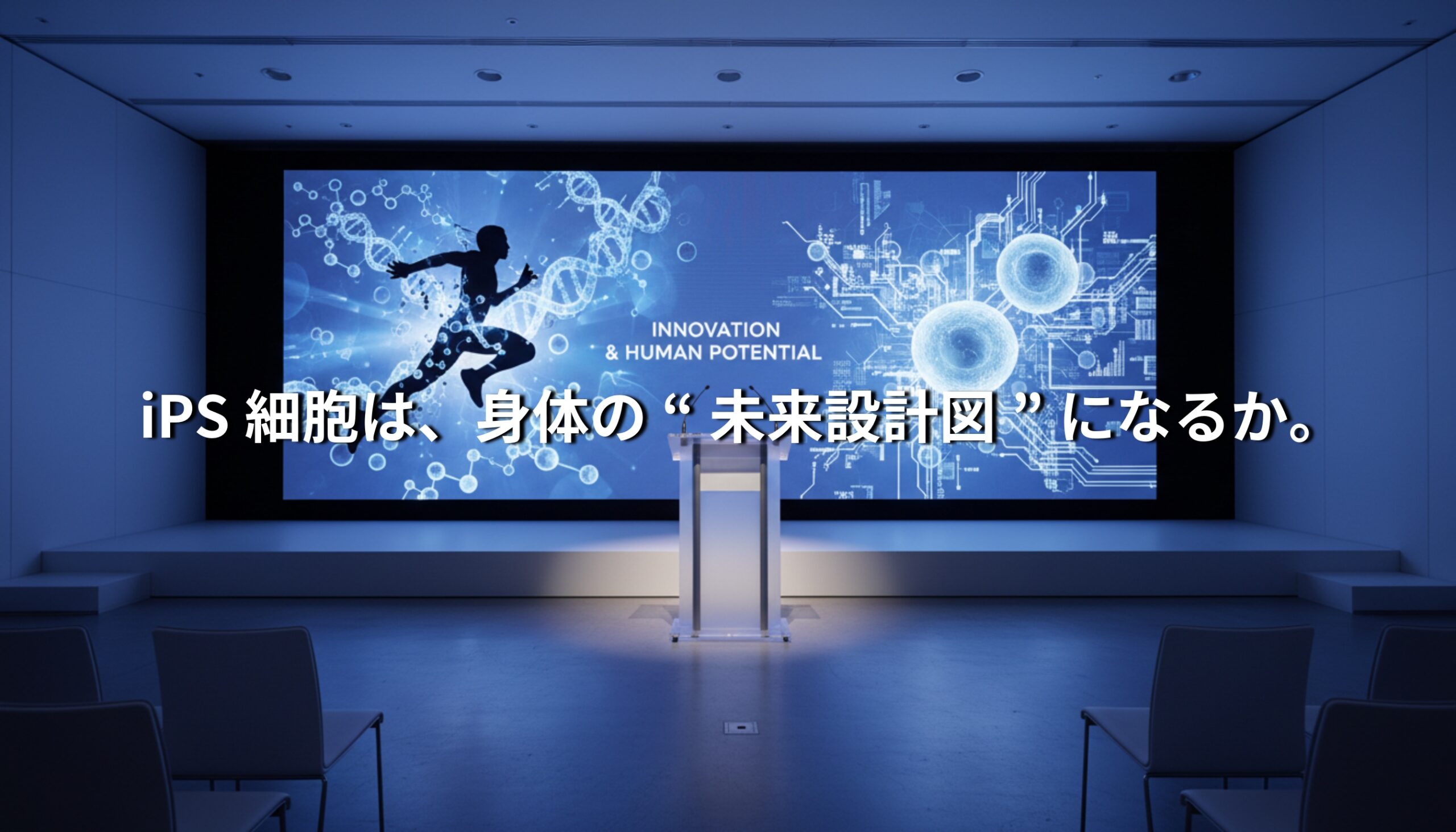 iPS細胞とスポーツの融合を象徴するステージビジュアル。アスリートのシルエットと細胞イメージが映し出され「iPS細胞は、身体の未来設計図になるか。」というコピーが表示されている。