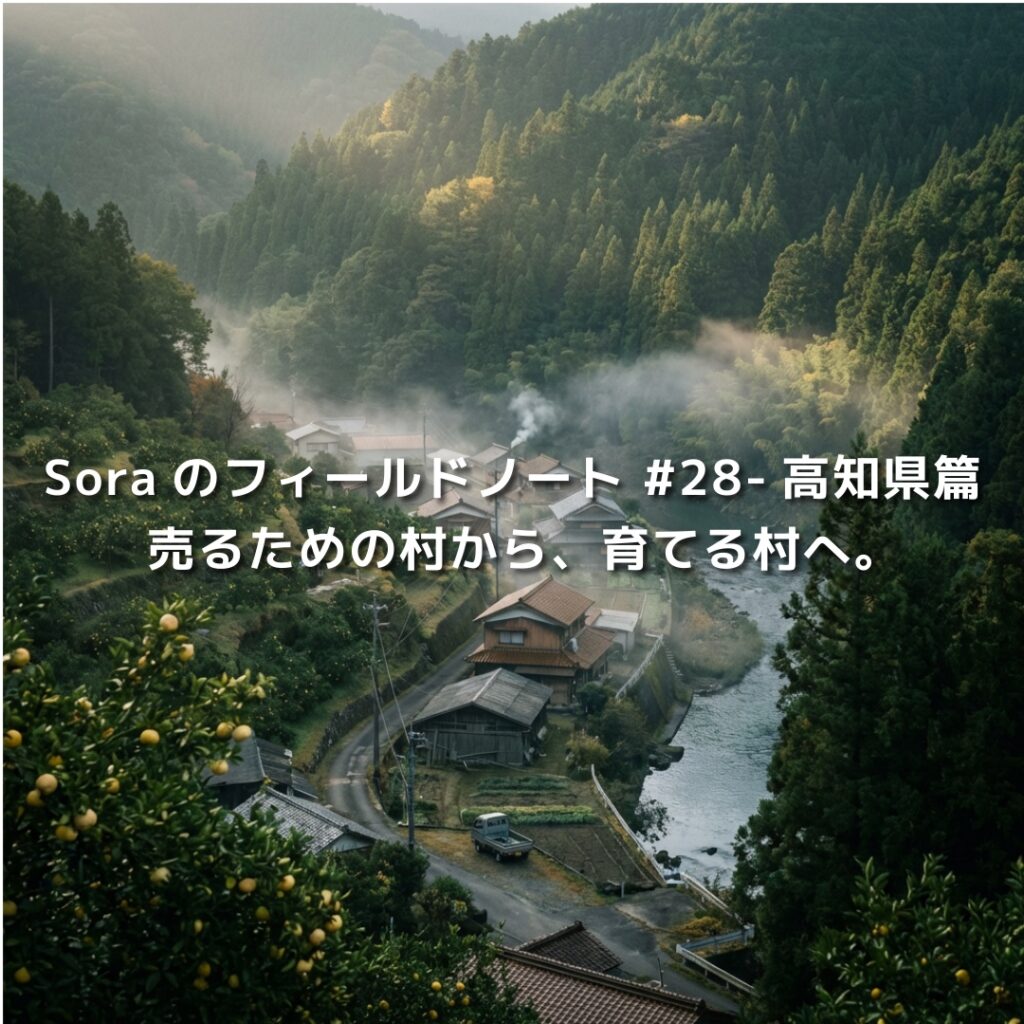 高知県の山あいに広がる集落と川の風景。売るための村から、育てる村へというメッセージを重ねたビジュアル