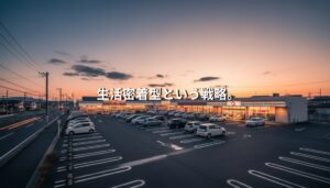 夕暮れの埼玉郊外ロードサイド店舗と広い駐車場。生活密着型企業の戦略を象徴するイメージ。