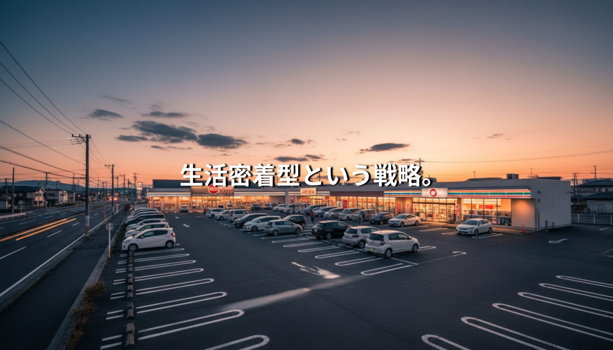 夕暮れの埼玉郊外ロードサイド店舗と広い駐車場。生活密着型企業の戦略を象徴するイメージ。