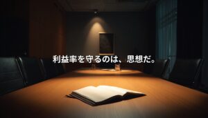 暗い会議室のテーブルに置かれた開いたノートとスポットライト。「利益率を守るのは思想だ」という経営テーマを象徴するイメージ。
