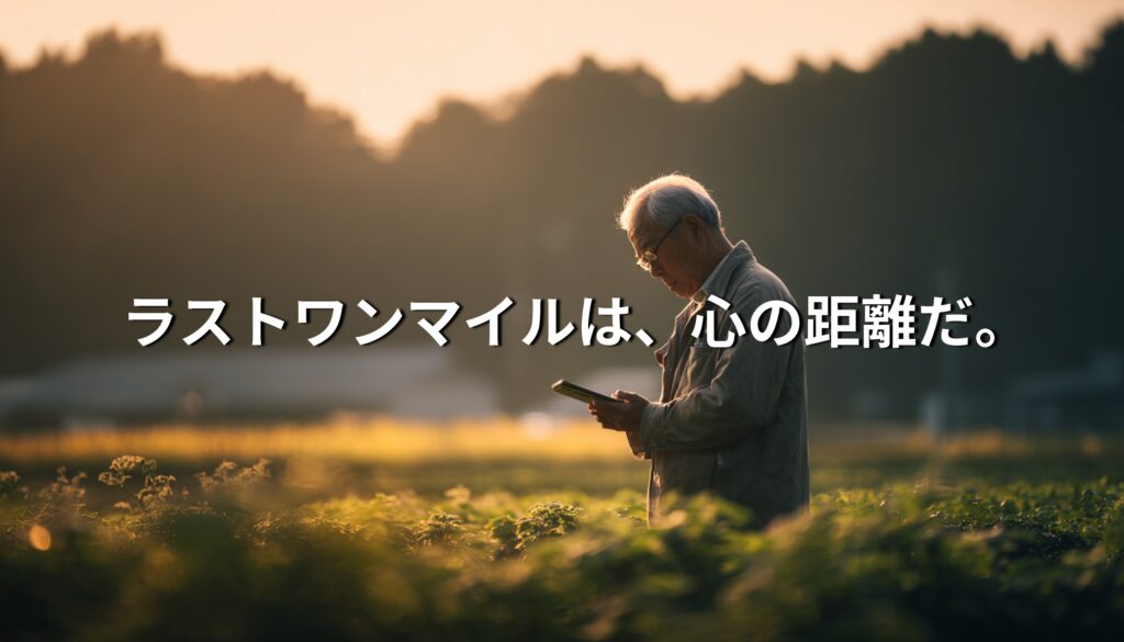 夕暮れの畑でタブレットを操作する高齢の農家。ラストワンマイルは心の距離だというメッセージを象徴する情景。