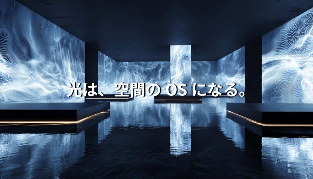 高精細LEDパネルに囲まれた没入型空間。青白い光の波紋が壁面に広がり、水面に反射している。