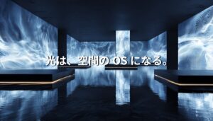 高精細LEDパネルに囲まれた没入型空間。青白い光の波紋が壁面に広がり、水面に反射している。