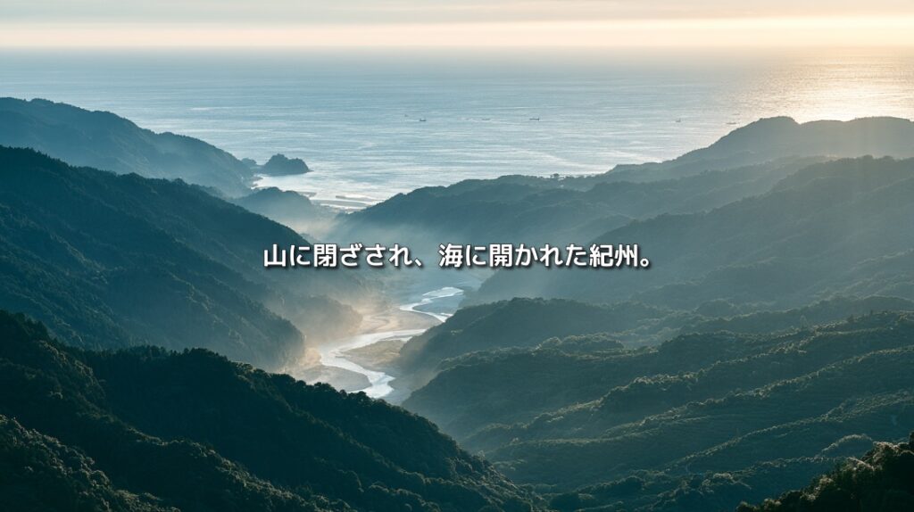 紀伊山地の深い山々を縫って川が太平洋へ流れる、和歌山県の山と海の地形を描いた風景