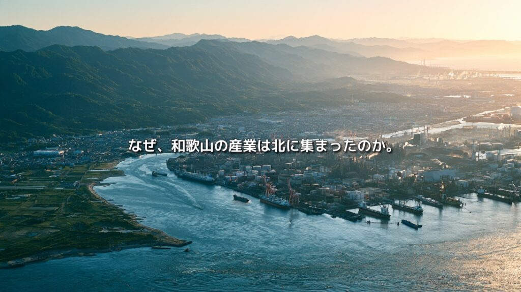 紀ノ川の河口に広がる和歌山市の臨海工業地帯と、背後に連なる紀伊山地を空から望む風景