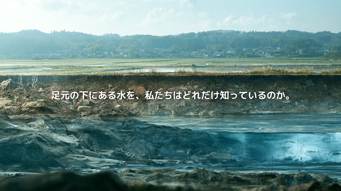 日本の里山と田んぼの地下に広がる地下水脈を断面で表現した風景