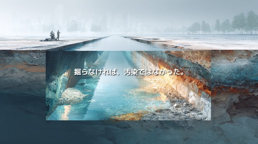 都市地下の掘削断面と青い地下水、赤褐色の鉱物層、「掘らなければ、汚染ではなかった。」の文字