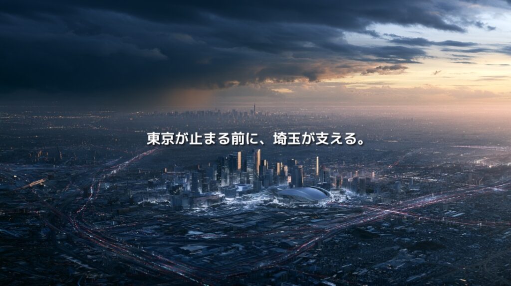 暗雲に覆われた東京方面を背景に、光に照らされたさいたま新都心と交通網を描いた都市景観