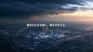 暗雲に覆われた東京方面を背景に、光に照らされたさいたま新都心と交通網を描いた都市景観