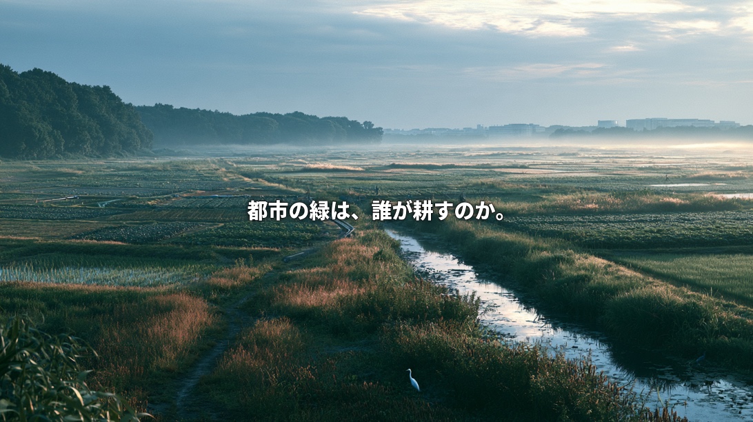 An image inspired by Minuma farmland in Saitama, showing fields, a winding waterway, a white egret, woodland, and distant buildings in morning mist, with Japanese text reading “Who cultivates the city’s greenery?”