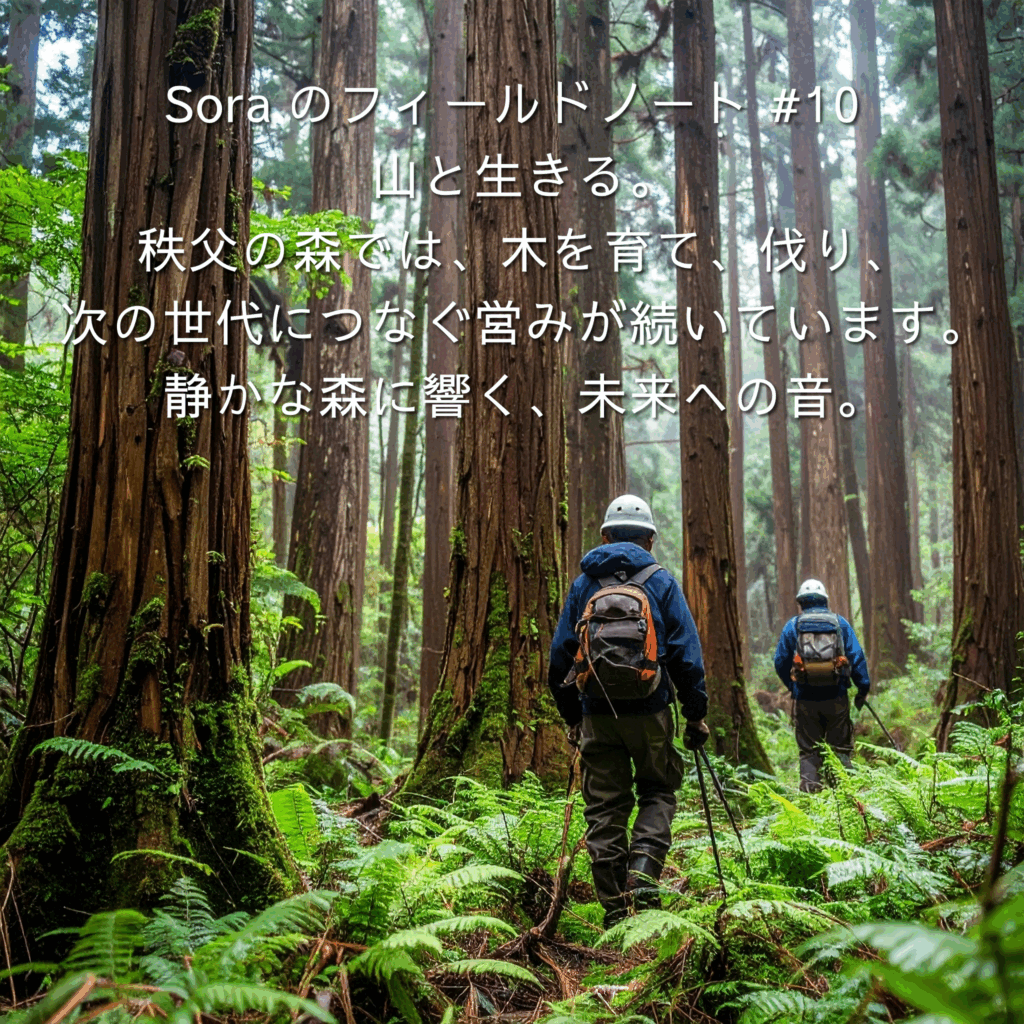 苔むす杉林を進む林業作業者の背中。画像上に「Soraのフィールドノート#10 山と生きる。秩父の森では、木を育て、伐り、次の世代につなぐ営みが続いています。静かな森に響く、未来への音。」の文字