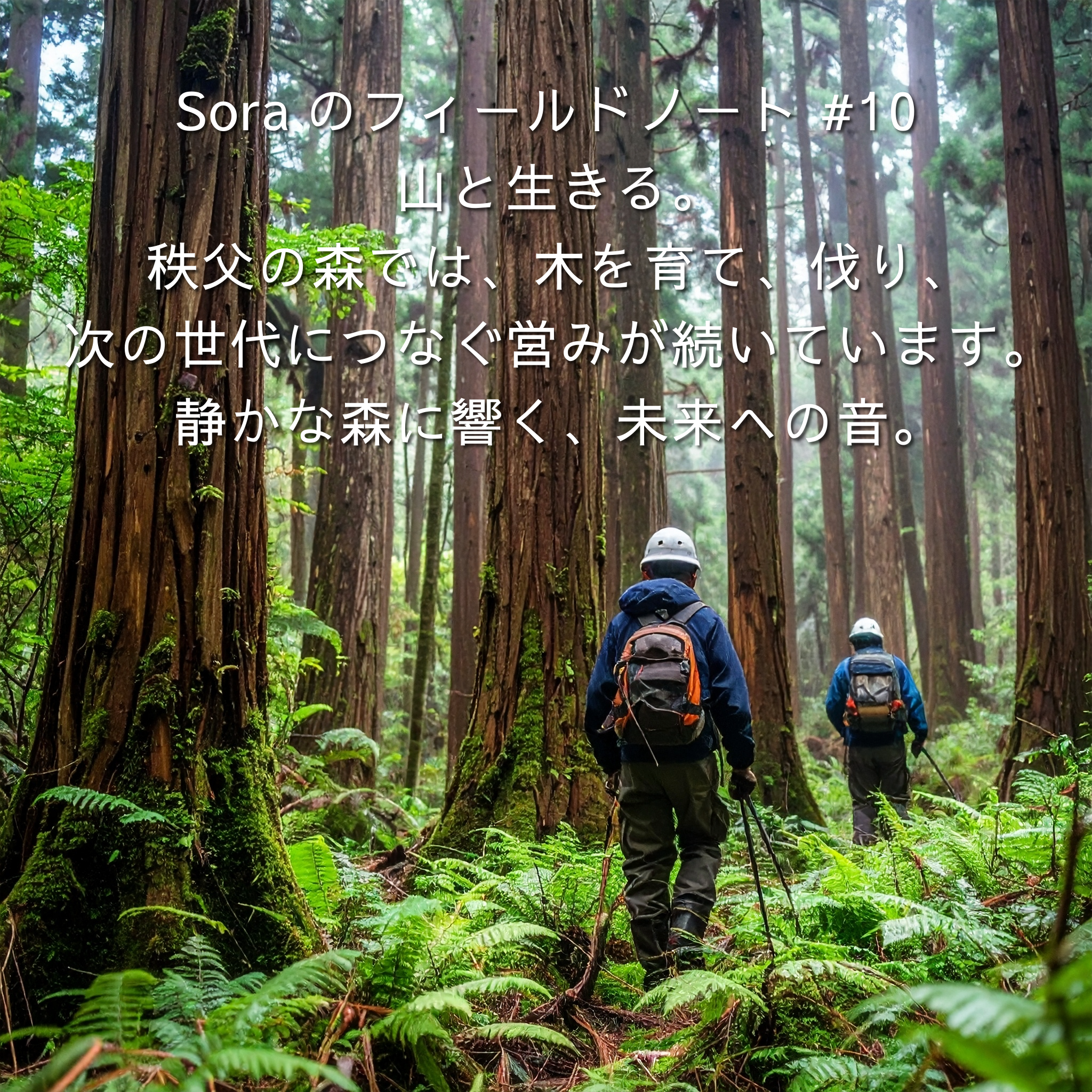 苔むす杉林を進む林業作業者の背中。画像上に「Soraのフィールドノート#10 山と生きる。秩父の森では、木を育て、伐り、次の世代につなぐ営みが続いています。静かな森に響く、未来への音。」の文字