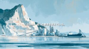 津久見をイメージした、白い階段状の石灰石鉱山と湾岸のセメント工場、港に停泊する貨物船のイラスト。「この山は、遠くの都市を支えている。」の文字。