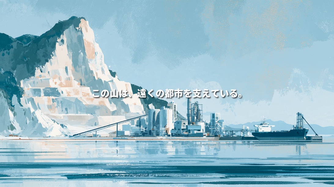 津久見をイメージした、白い階段状の石灰石鉱山と湾岸のセメント工場、港に停泊する貨物船のイラスト。「この山は、遠くの都市を支えている。」の文字。