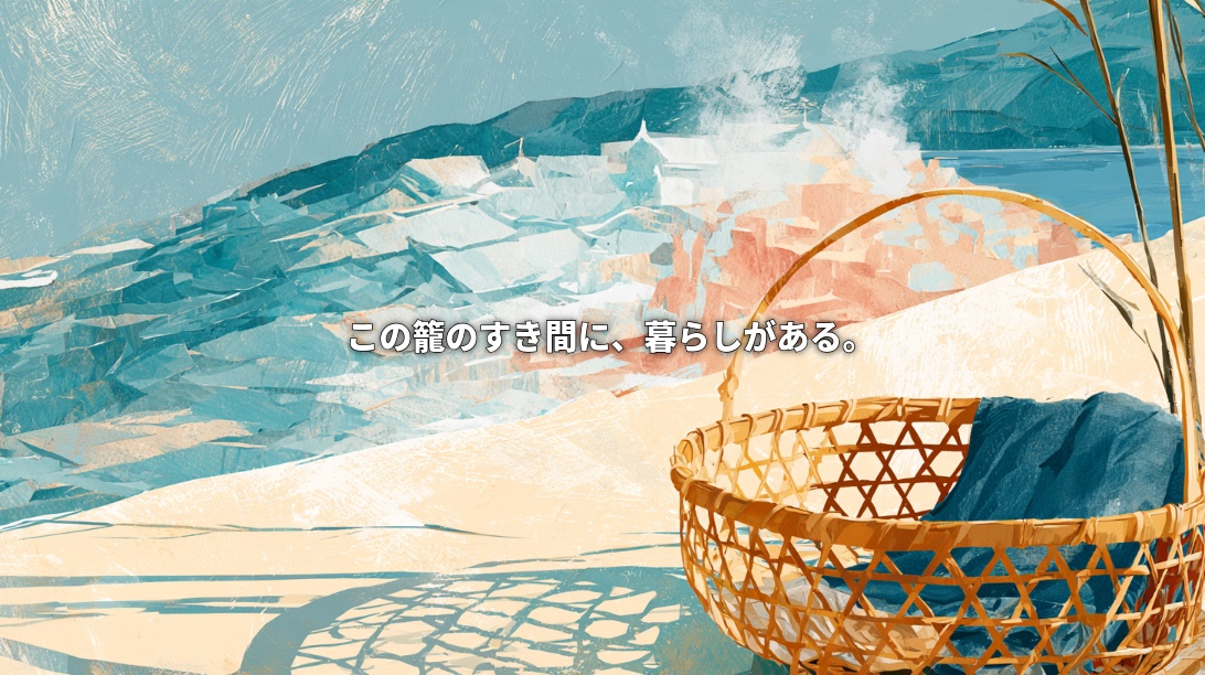 Illustration of a woven bamboo basket holding an indigo cloth, casting patterned shadows, with a steaming hot-spring town, mountains, and blue bay behind it. Japanese text reads, “Life lives in the spaces of this basket.”