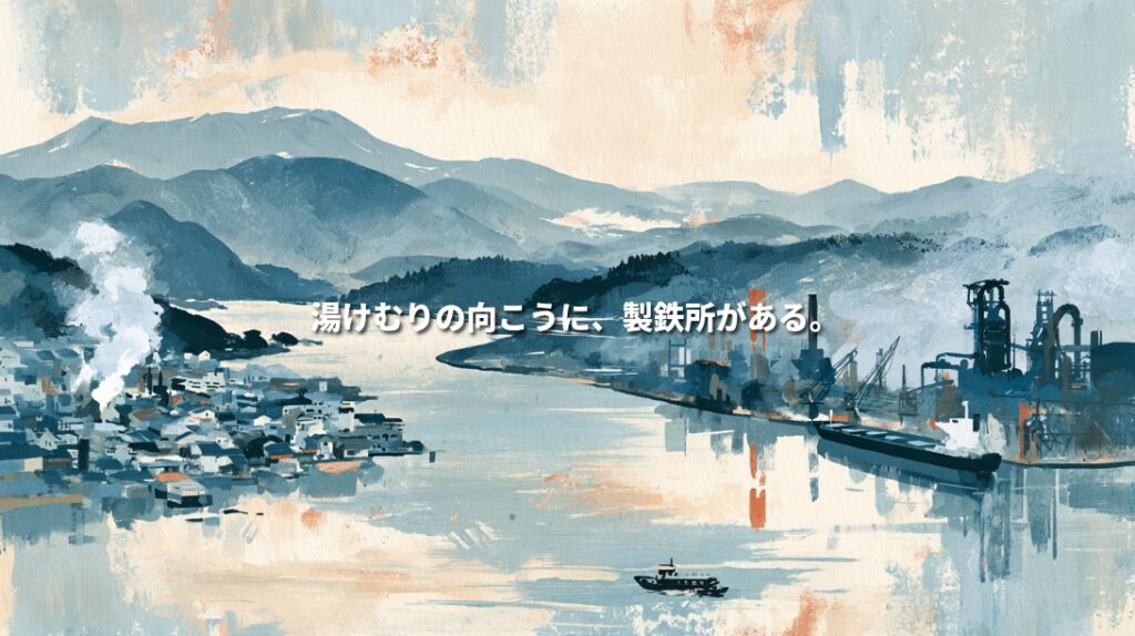 山々を背景に、湯けむりが立つ温泉街と製鉄所が湾を挟んで並ぶ、大分県をイメージしたイラスト。「湯けむりの向こうに、製鉄所がある。」の文字。