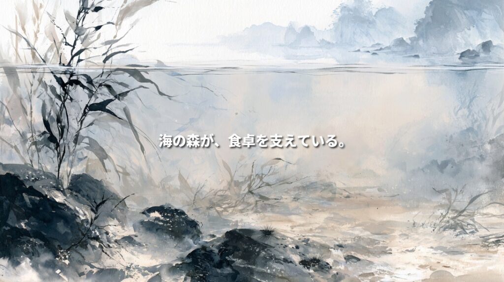 Ink-wash illustration of seaweed, sea urchins and a sparsely vegetated rocky seabed, with a misty coastline above. Japanese text reads “Sea forests support our food.”