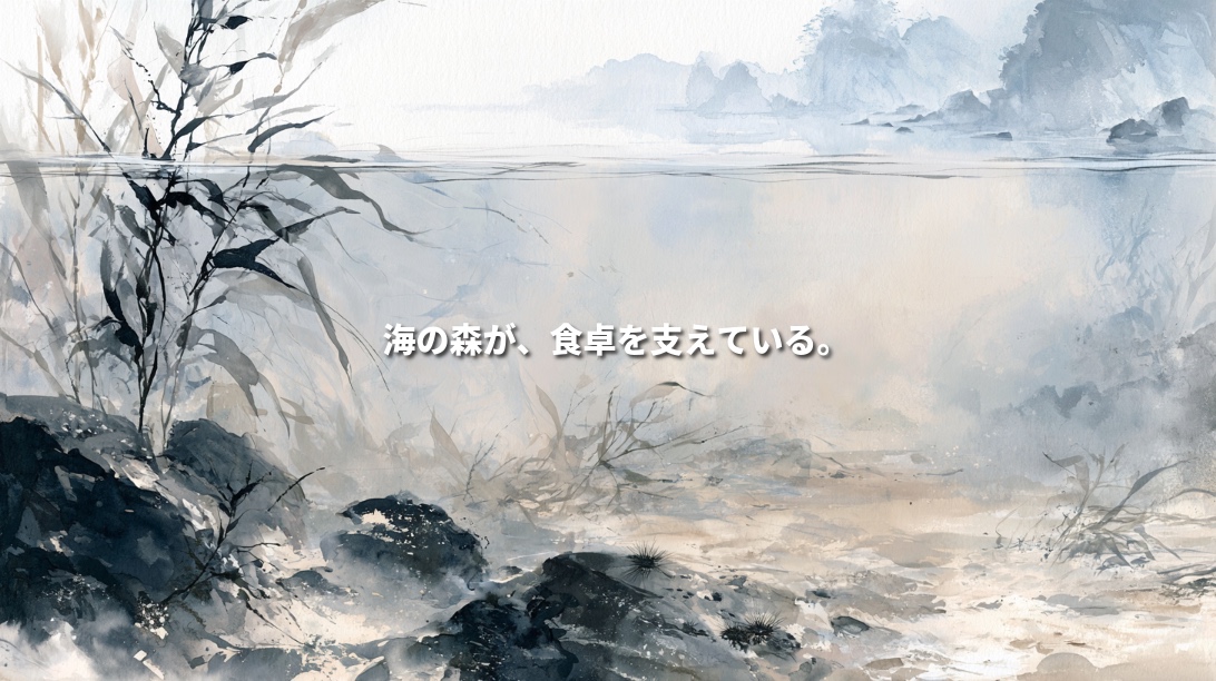 Ink-wash illustration of seaweed, sea urchins and a sparsely vegetated rocky seabed, with a misty coastline above. Japanese text reads “Sea forests support our food.”