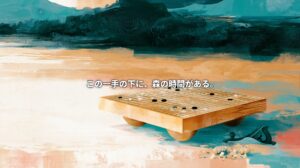 Illustration of a golden wooden Go board with black and white stones, a hand plane, and wood shavings against a teal forest landscape. Japanese text reads, “Beneath this move lies the time of the forest.”