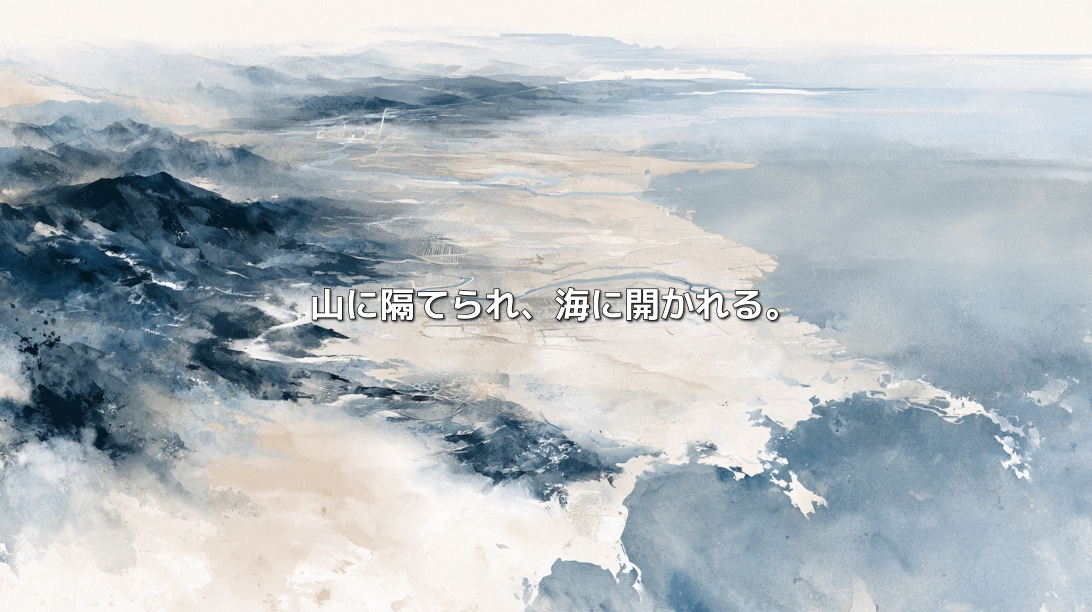 宮崎県の山並みから平野を経て日向灘へ広がる風景を描いた水墨画風イラスト。「山に隔てられ、海に開かれる。」の文字入り