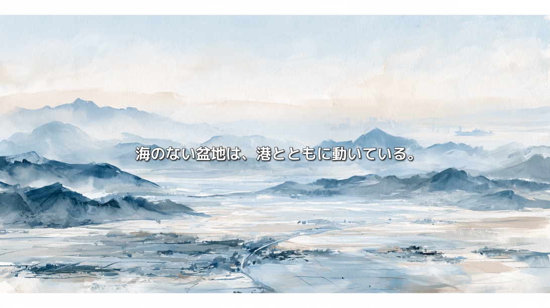 山々に囲まれた都城盆地と、農地の間を延びる道を描いた水墨画風イラスト。「海のない盆地は、港とともに動いている。」の文字入り