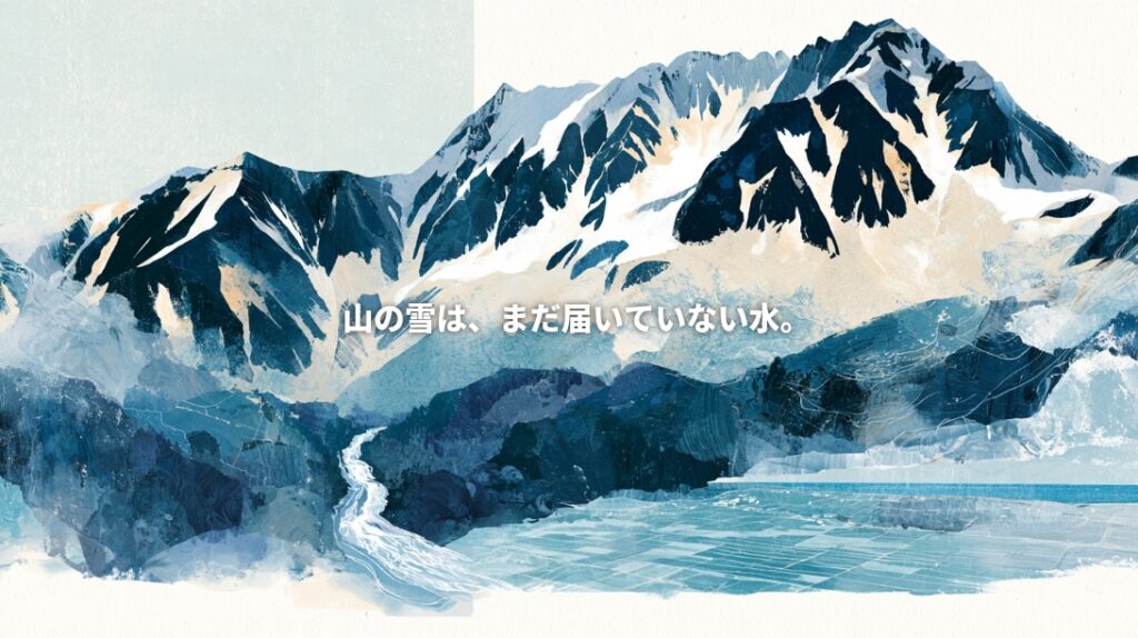Artistic illustration inspired by Toyama’s Tateyama mountains, with snow-covered peaks and a river flowing toward farmland. Japanese text reads, “Mountain snow is water yet to arrive.”