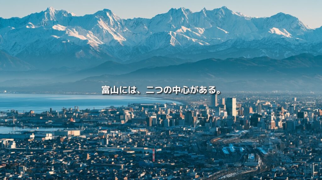 富山湾沿岸に広がる市街地と雪をいただく立山連峰。「富山には、二つの中心がある。」の文字入り