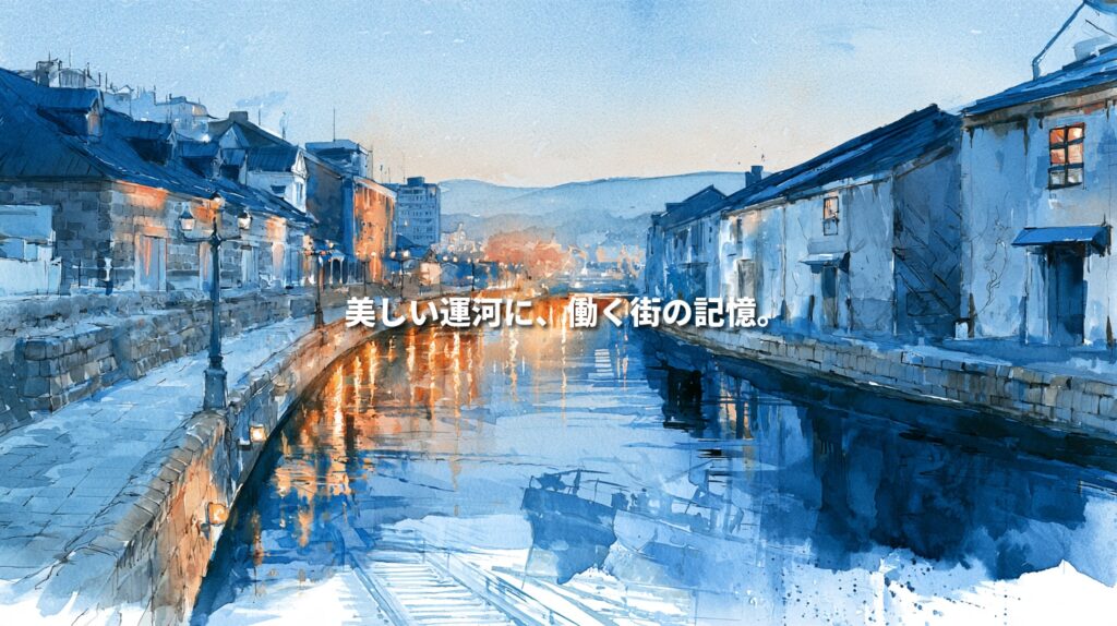 夕暮れの小樽運河と石造倉庫、水面に映る灯りを描いた水彩イラスト。「美しい運河に、働く街の記憶。」の文字。