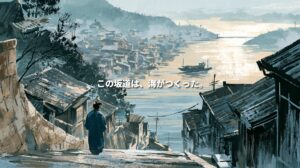 Japanese ink-wash illustration of a traveler in an indigo kimono standing on a steep stone staircase overlooking the historic rooftops of Onomichi, the Onomichi Channel, and distant islands in the Seto Inland Sea.