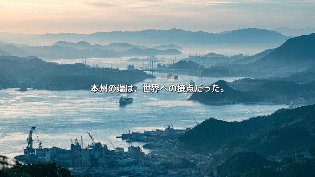 港湾施設と船が行き交う海峡、対岸へ延びる橋を描いた山口県の地政学記事のイメージ