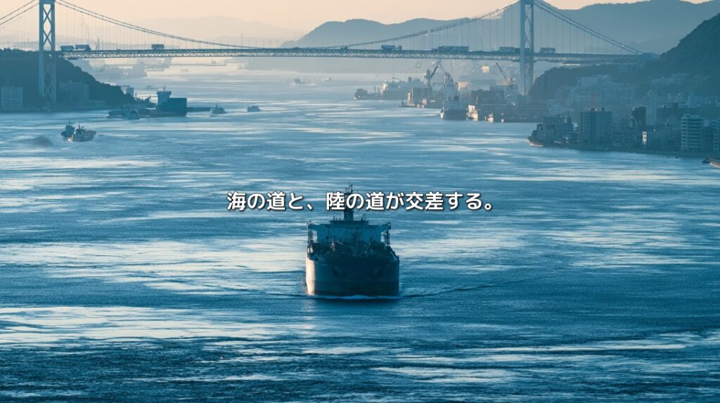 船が進む海峡と両岸を結ぶ橋を描いた、関門海峡の地政学記事のイメージ