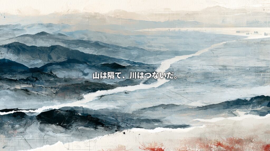 Ink-wash illustration of the Mogami River winding through Yamagata’s mountains and plains toward the sea, with red safflowers and the Japanese headline “Mountains separated, the river connected.”
