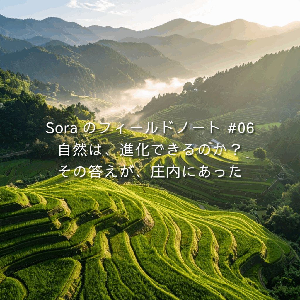 朝霧に包まれた庄内の棚田の俯瞰。緑に波打つ畦と射し込む光、上に「Soraのフィールドノート #06」のテキスト