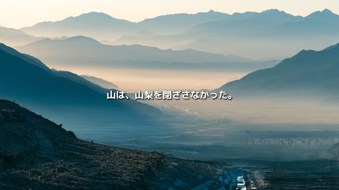 幾重にも重なる山々に囲まれた甲府盆地と果樹畑。「山は、山梨を閉ざさなかった。」の文字を配置した山梨県の地政学イメージ