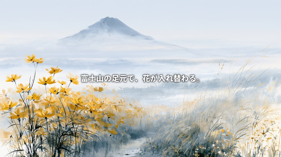 代替テキスト（英語） Painting of Mount Fuji rising above mist, with yellow flowers and pale grasses beside a narrow path, overlaid with Japanese text meaning “At the foot of Mount Fuji, the flowers are changing.”