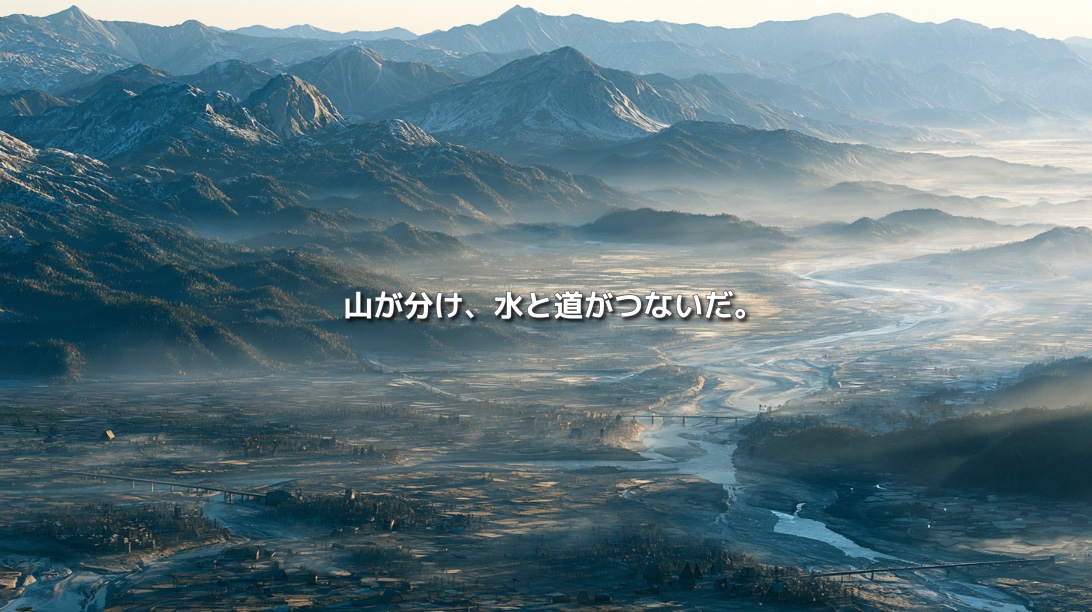 飛騨の山々から濃尾平野へ流れる川と街道を描いた岐阜県の地政学イメージ