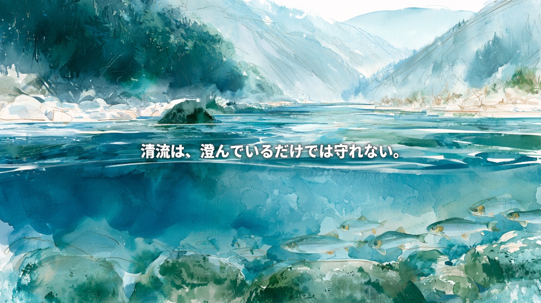 Watercolor illustration of the Nagara River in Gifu, Japan, showing forested mountains above the water and ayu sweetfish swimming over river stones below, with Japanese text reading “Clear rivers cannot be protected by clarity alone.”
