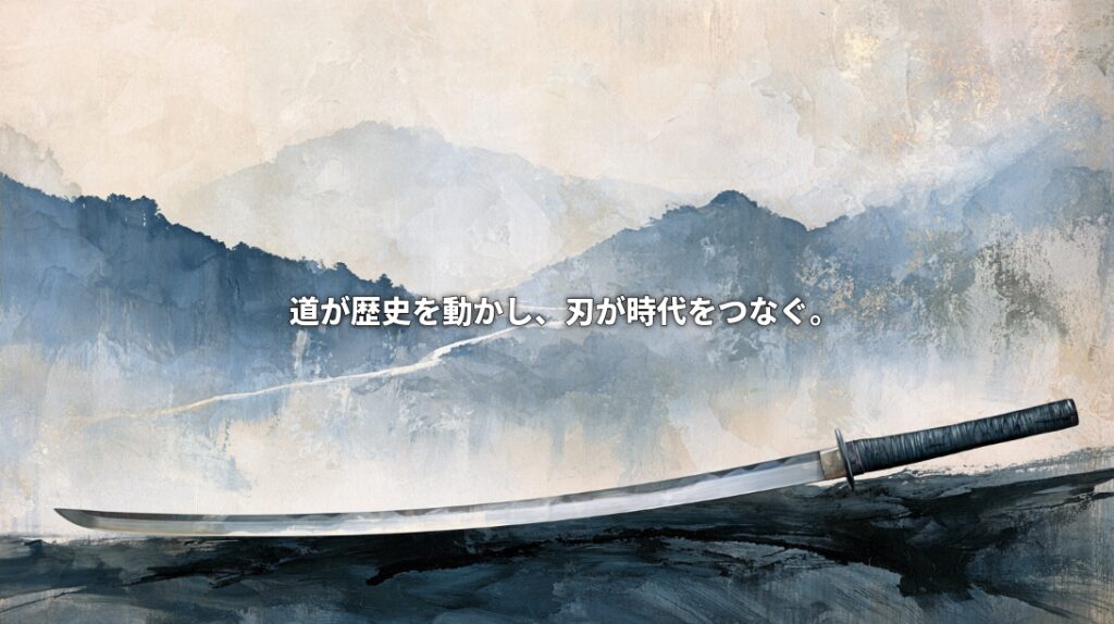 An artistic Japanese katana against misty blue-gray mountains and a winding path, with Japanese text meaning “Roads move history, and blades connect eras.”