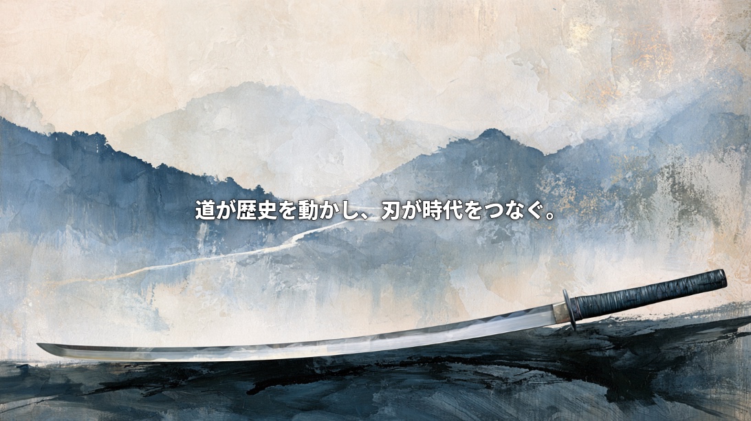 An artistic Japanese katana against misty blue-gray mountains and a winding path, with Japanese text meaning “Roads move history, and blades connect eras.”