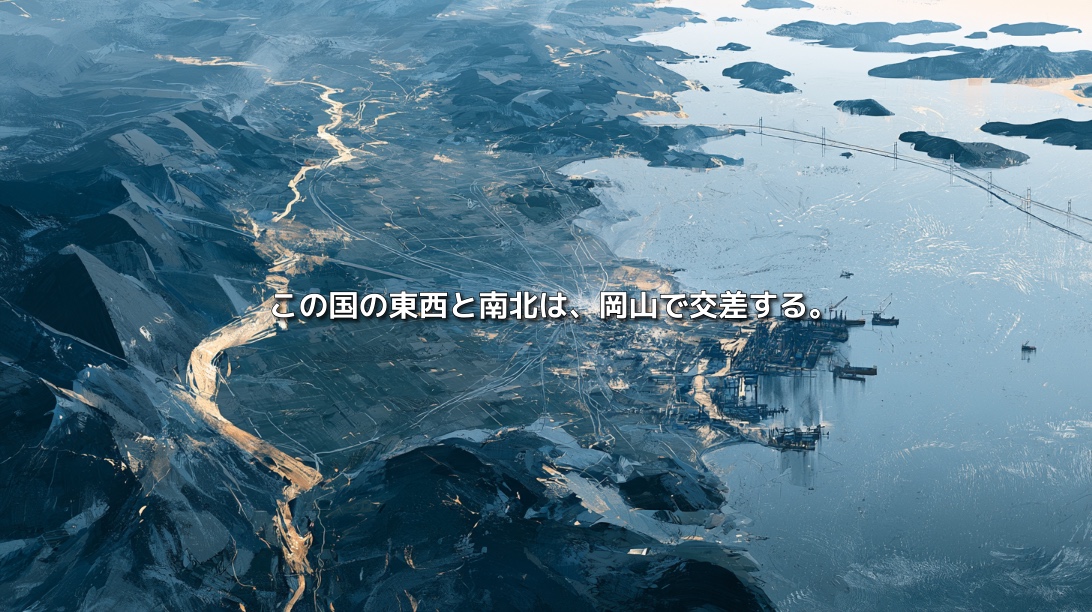 中国山地から岡山平野、瀬戸内海、瀬戸大橋へと続く岡山県の交通と産業の結節点を描いた俯瞰イメージ タイトル